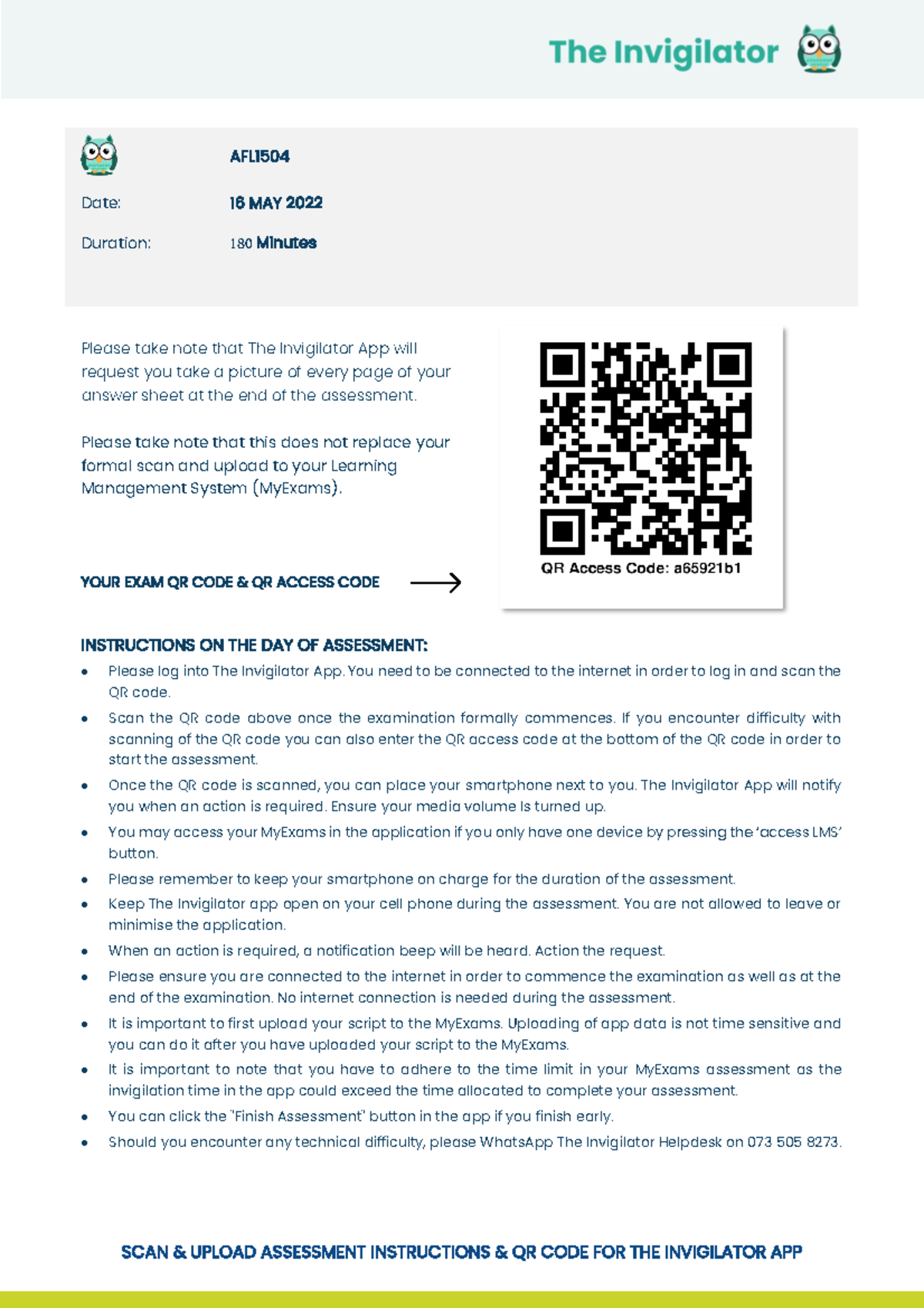 AFL1504 QR code and instructions - SCAN & UPLOAD ASSESSMENT ...