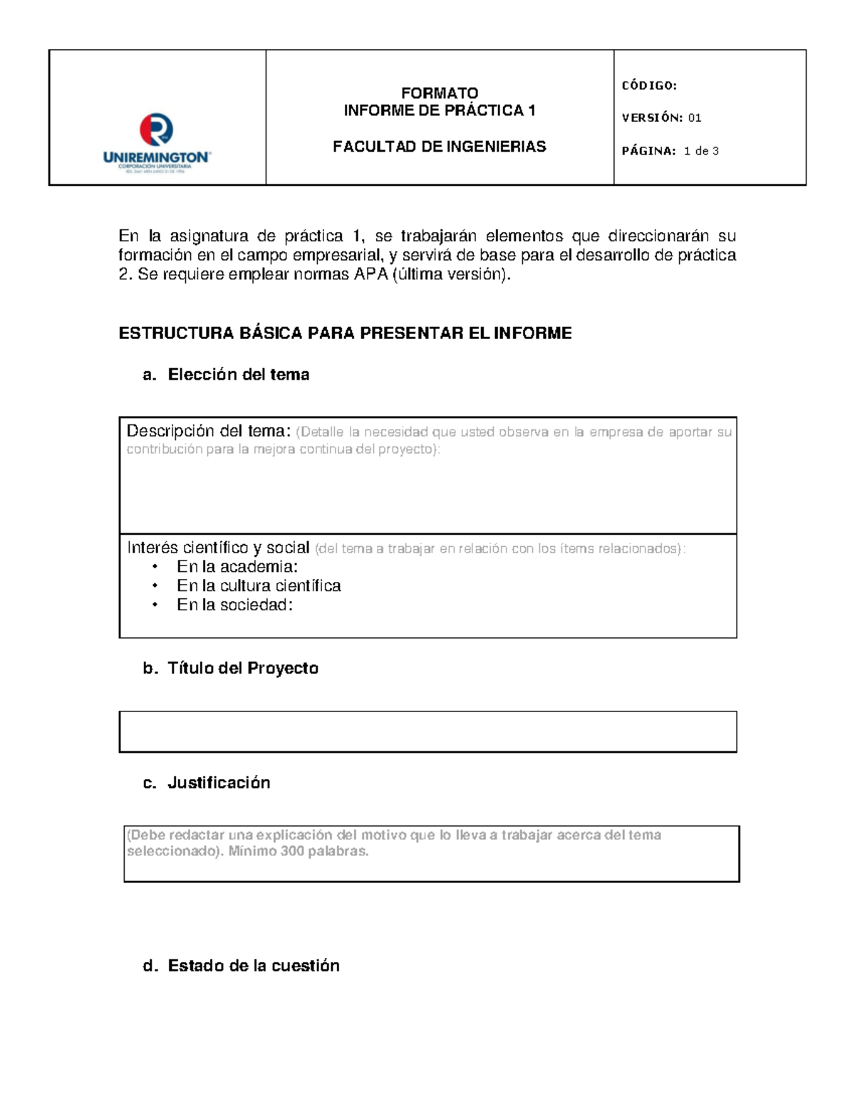 Formato práctica empresarial 1 2022 - En la asignatura de práctica 1 ...