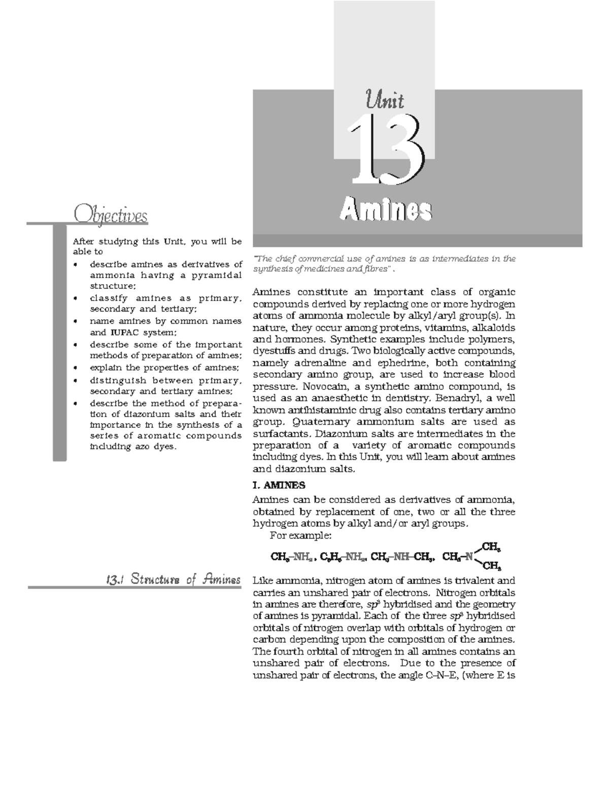 Class 12 Chemistry Unit 13 Amines Amines constitute an