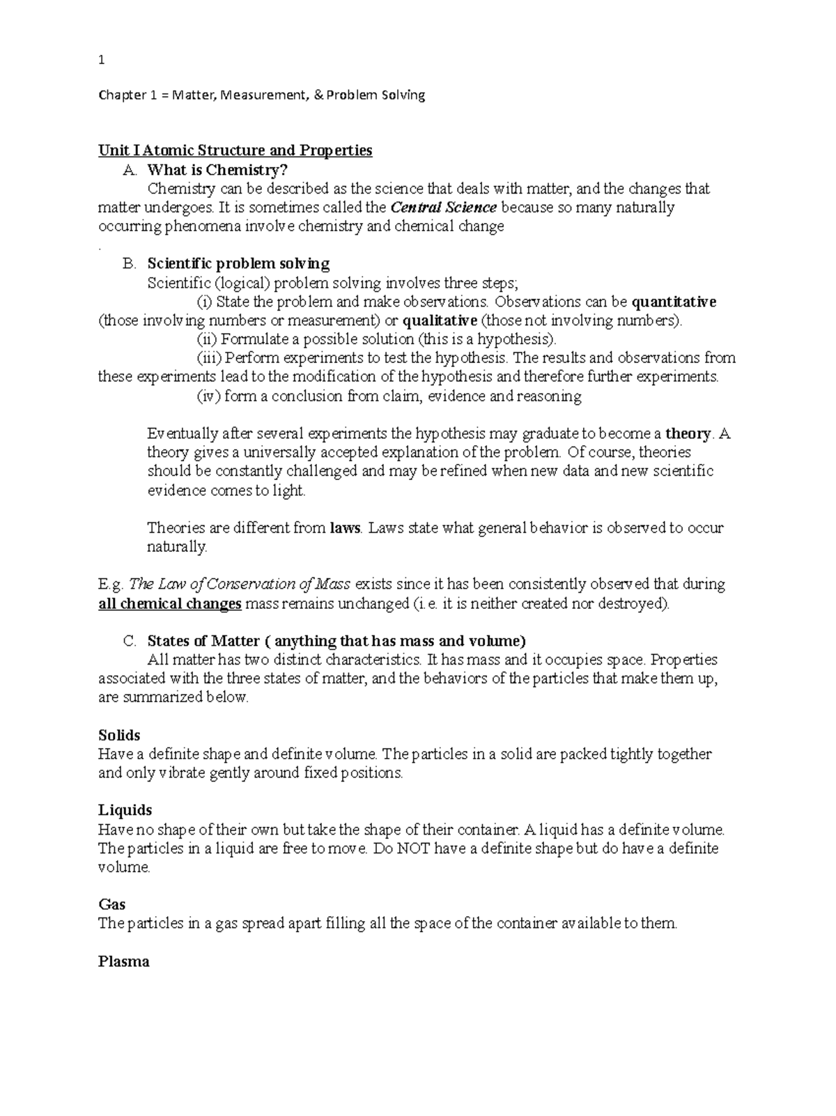 Chapter 1 Intro Notes - Chapter 1 = Matter, Measurement, & Problem 