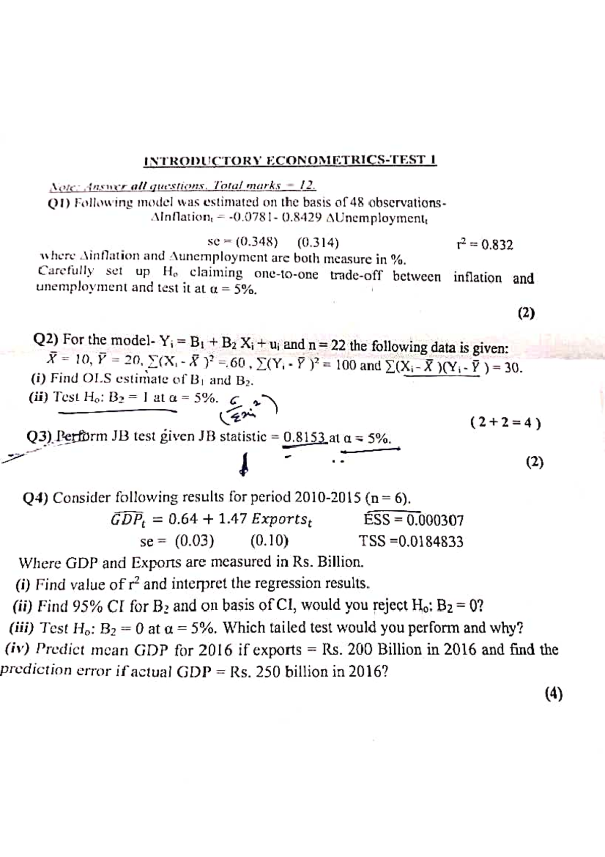 Econometrics Exam - Introductory Econometrics - Studocu