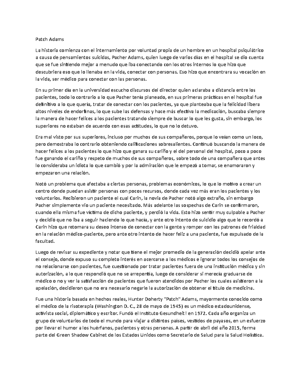 Patch Adams Resumen De La Pelicula Oftalmologia Med 542 Utesa Studocu