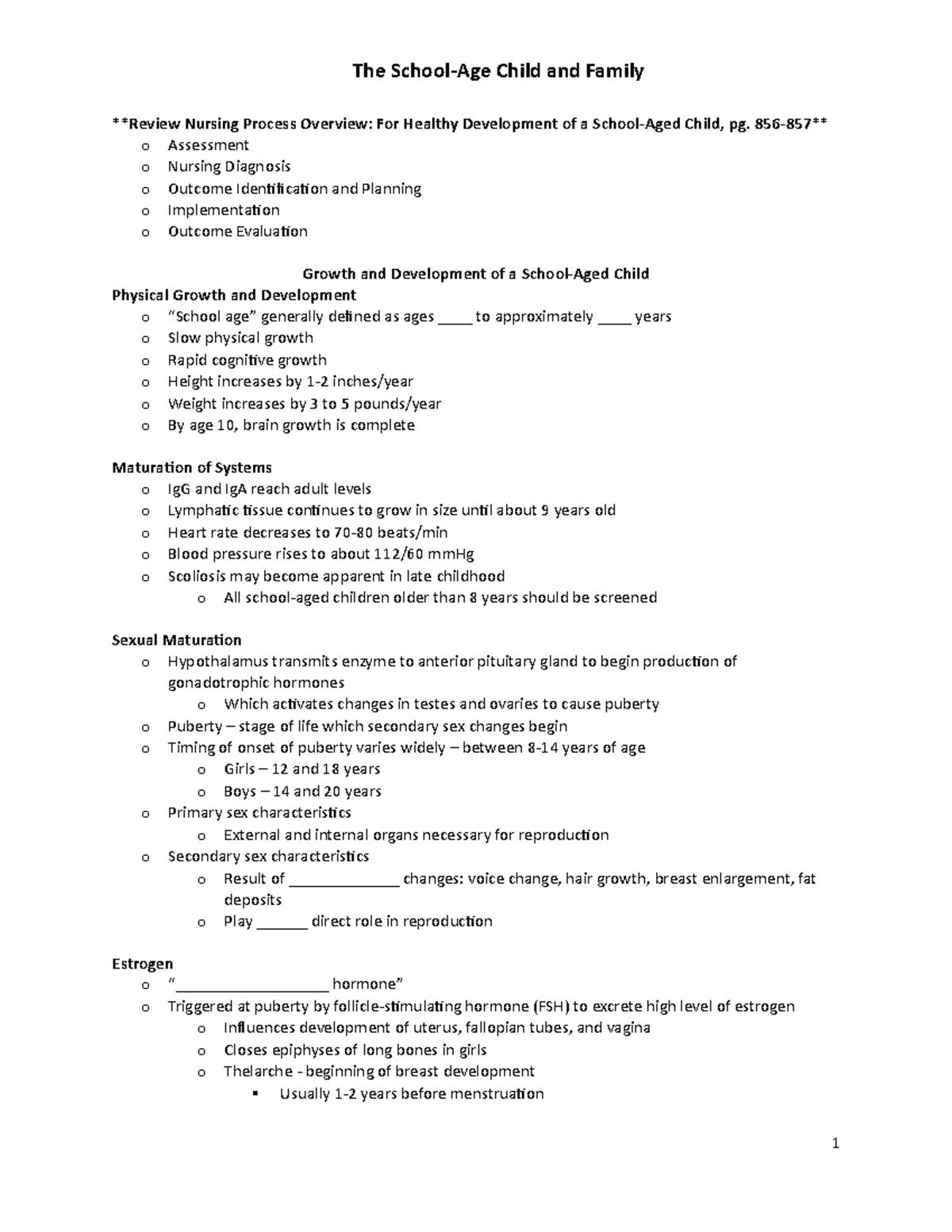 SchoolAge Notes - Review Nursing Process Overview: For Healthy ...