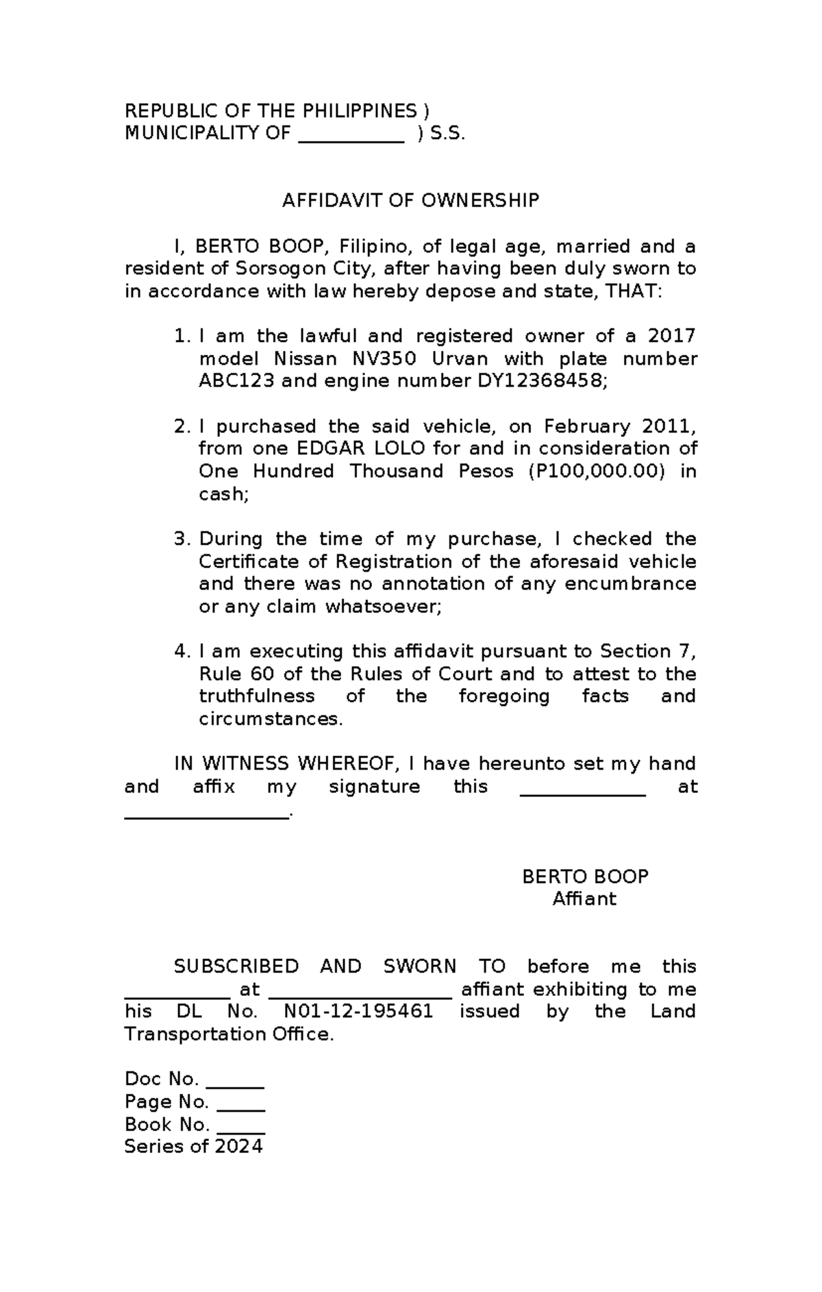 Affidavit of ownership sample - REPUBLIC OF THE PHILIPPINES ...