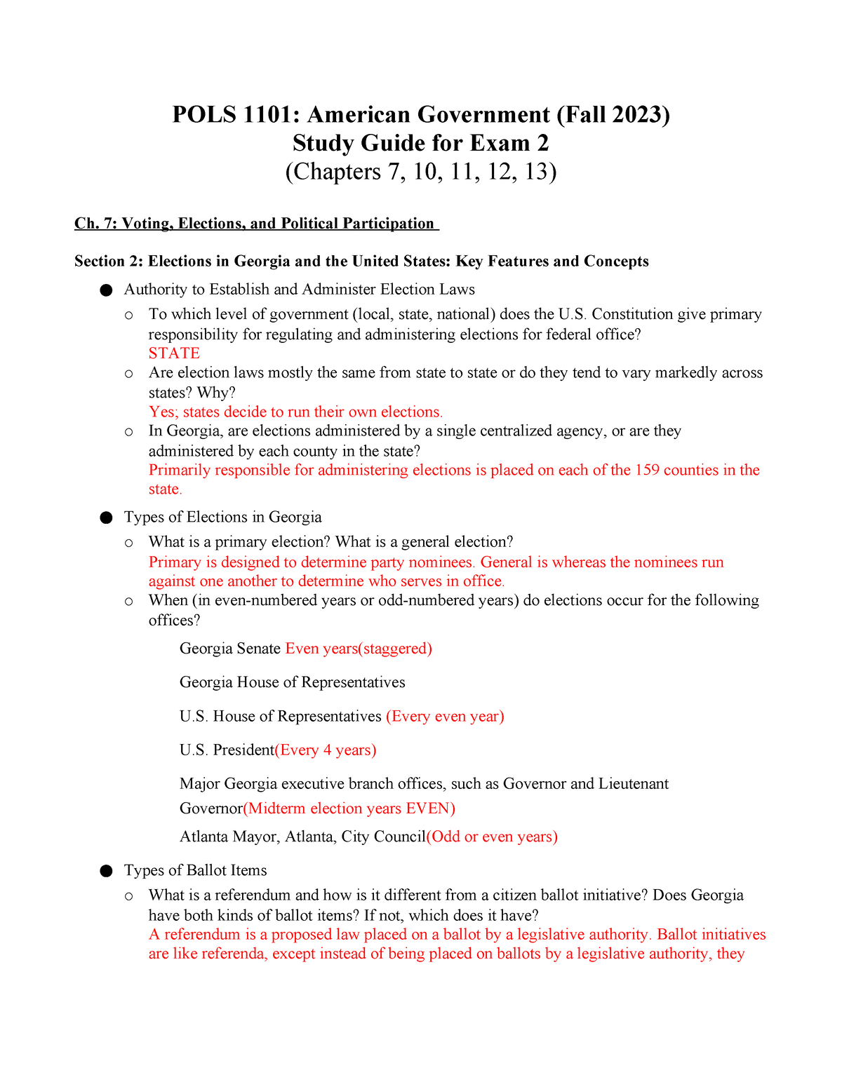 Exam 2 Study Guide F23 - Chapter 7, 10, 11, 12, 13 . - POLS 1101 ...