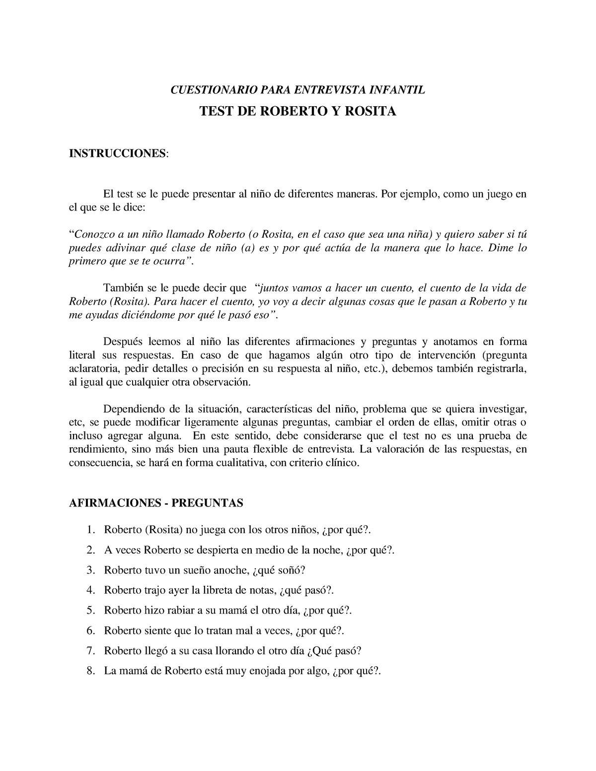 Test De Roberto Y Rosita - CUESTIONARIO PARA ENTREVISTA INFANTIL TEST ...