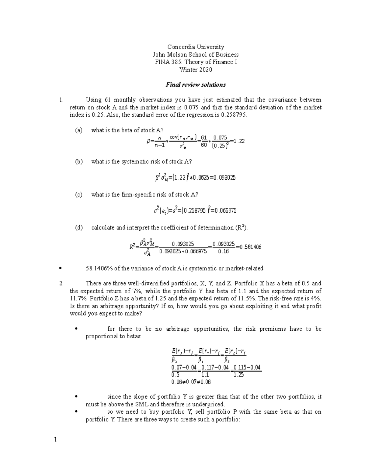 Fina 385 - Final review solutions - Concordia University John Molson ...