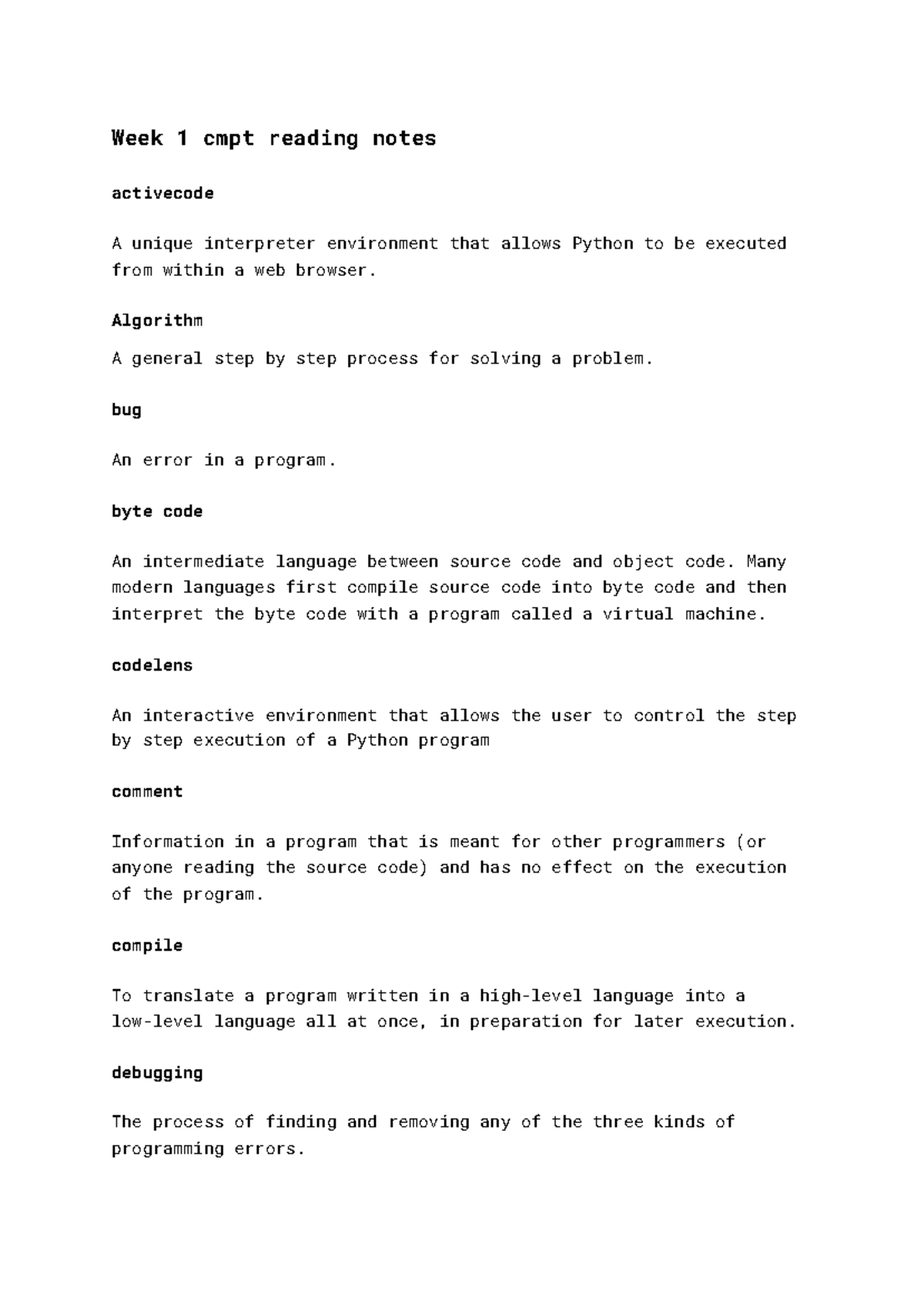 Cmpt120 reading notes - Week 1 cmpt reading notes **activecode ** A ...