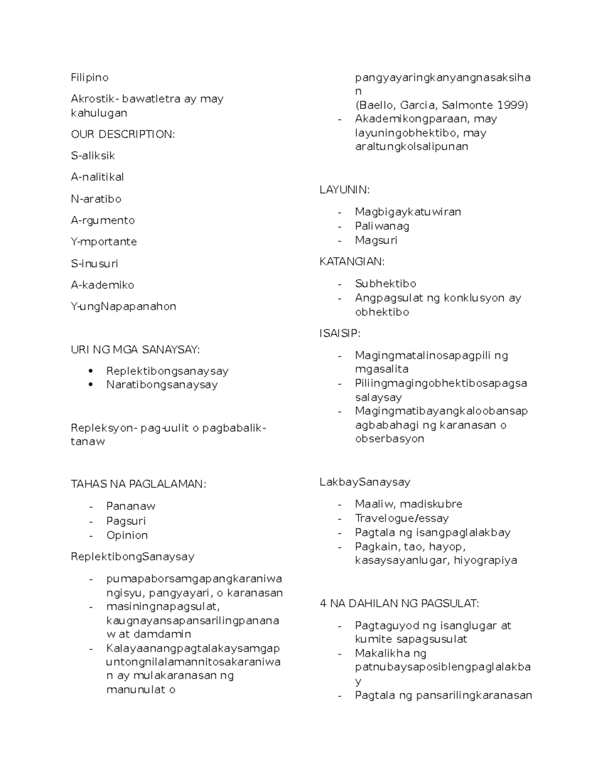 Replektibo-humanidades 1 - Filipino Akrostik- bawatletra ay may ...