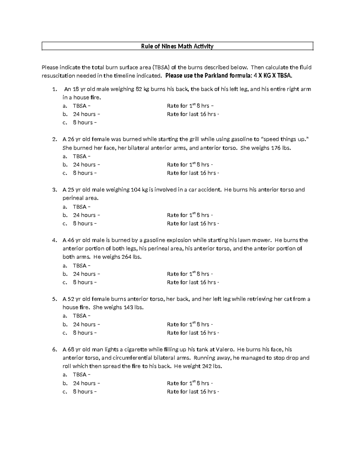 NUR 265 L Rule of Nines Math Activity Prelab - Rule of Nines Math ...