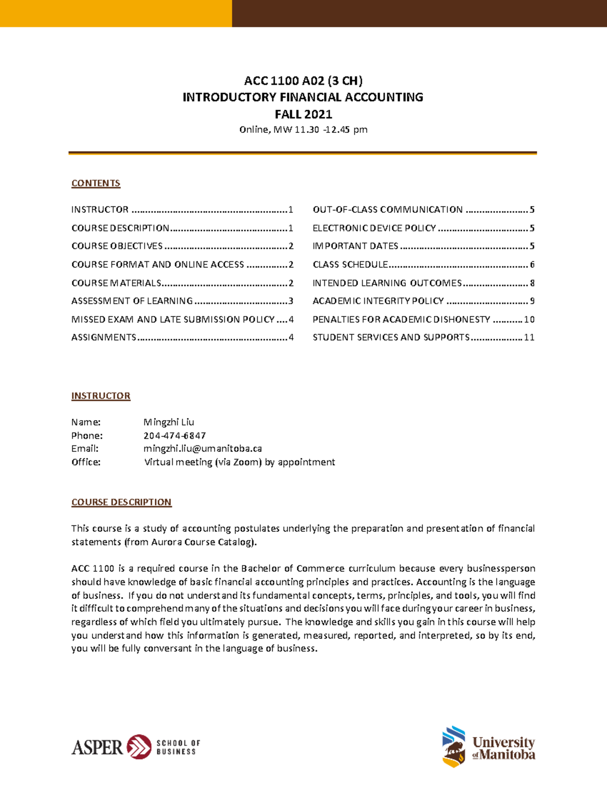 ACC1100 Course Outline Fall 2021 - ACC 1100 A02 (3 CH) INTRODUCTORY ...