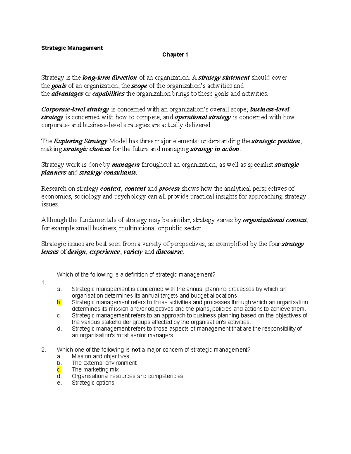 Chapter 1 Quiz Version 1 Strategic Mgmt - Strategic Management Chapter ...