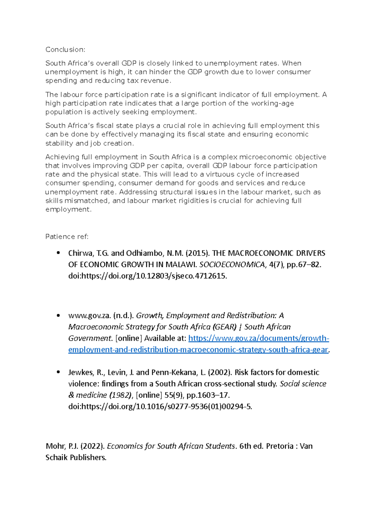 Econ conclusioon - Conclusion: South Africa’s overall GDP is closely ...