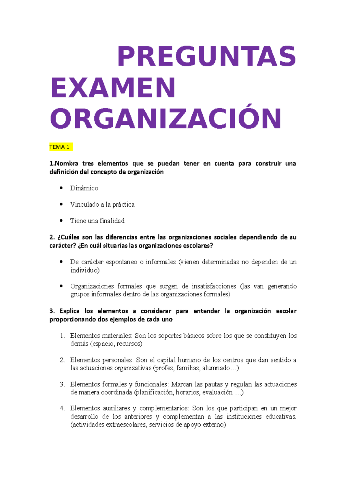 Preguntas Examen OrganizacióN PREGUNTAS EXAMEN ORGANIZACIÓN TEMA 1 1