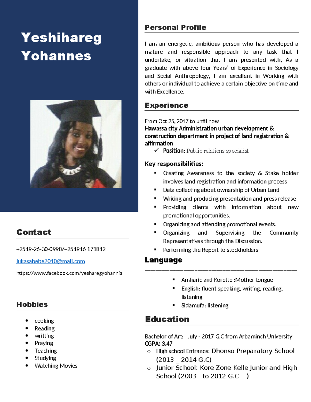 Customer service representative yeshihareg yohannes personal profile