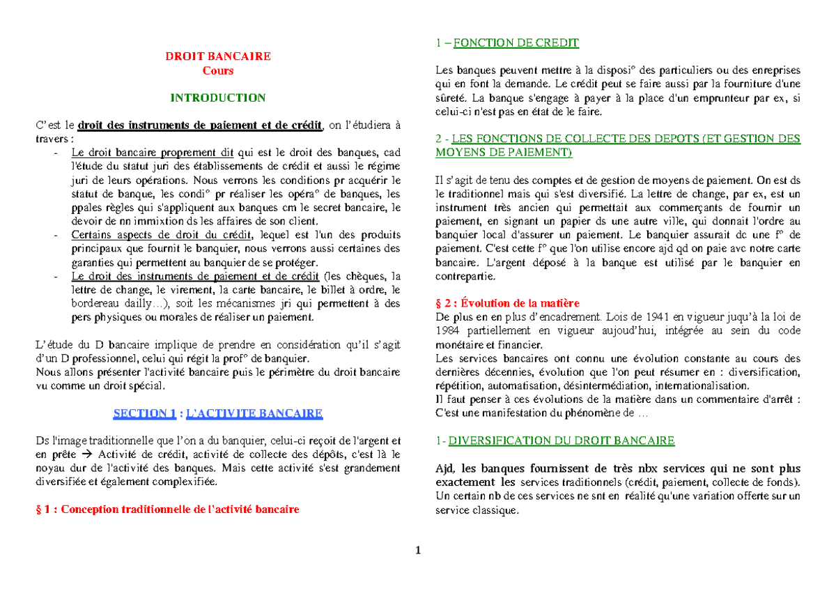 Fiche Droit Bancaire - DROIT BANCAIRE Cours INTRODUCTION C’est Le Droit ...