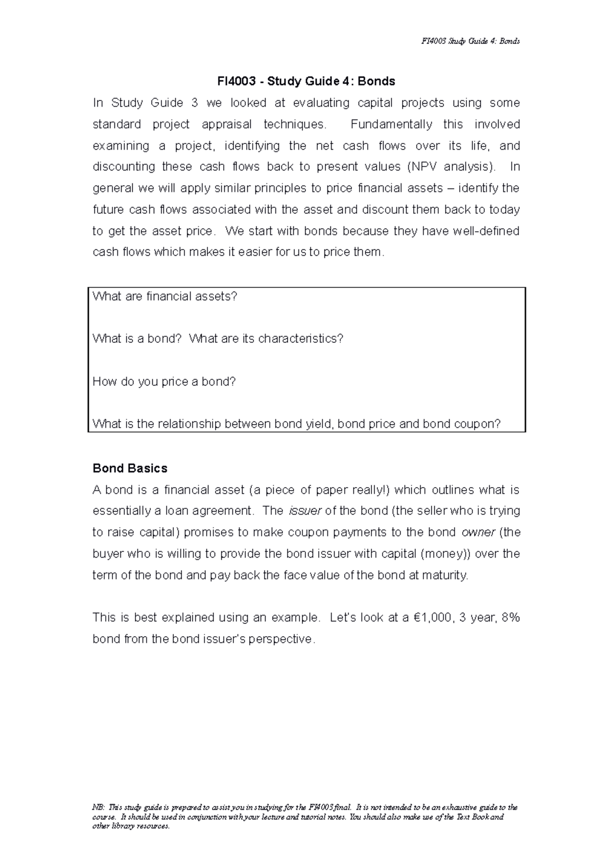 Study+Guide+4 - study guide - FI4003 - Study Guide 4: Bonds In Study ...