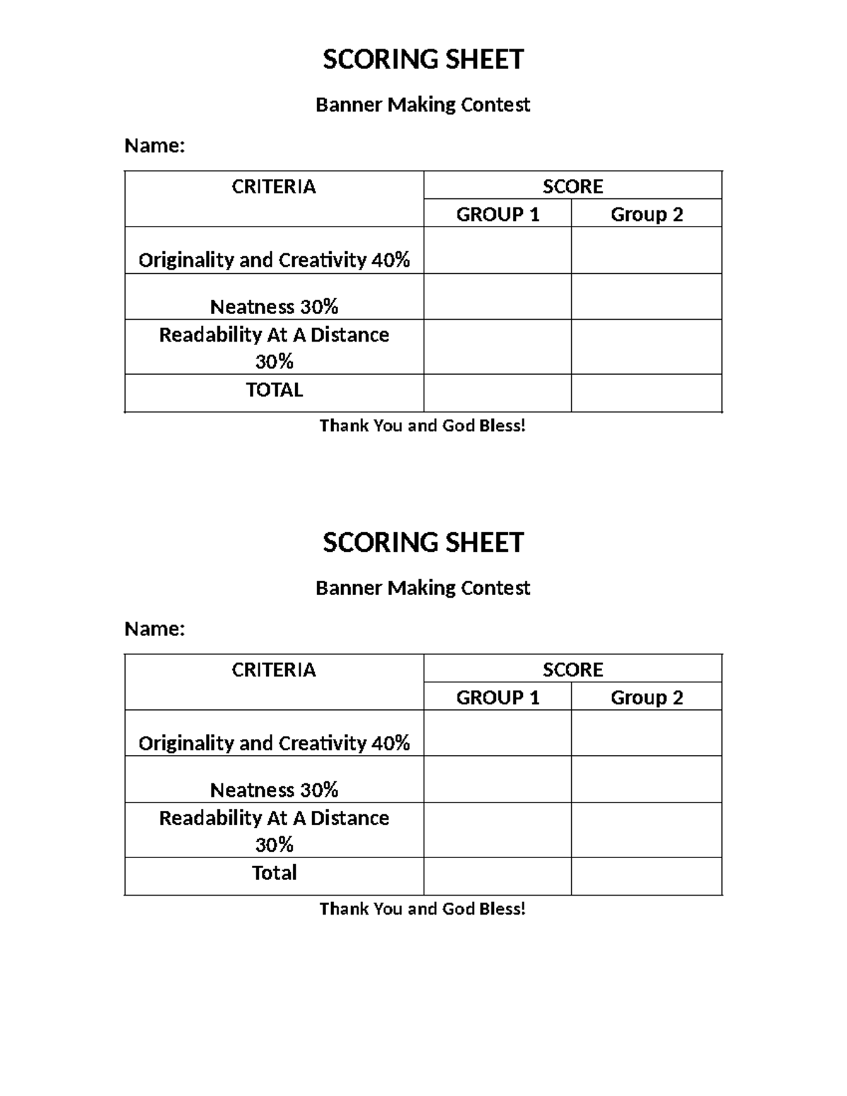 Scoring Sheet - SCORING SHEET Banner Making Contest Name: CRITERIA ...