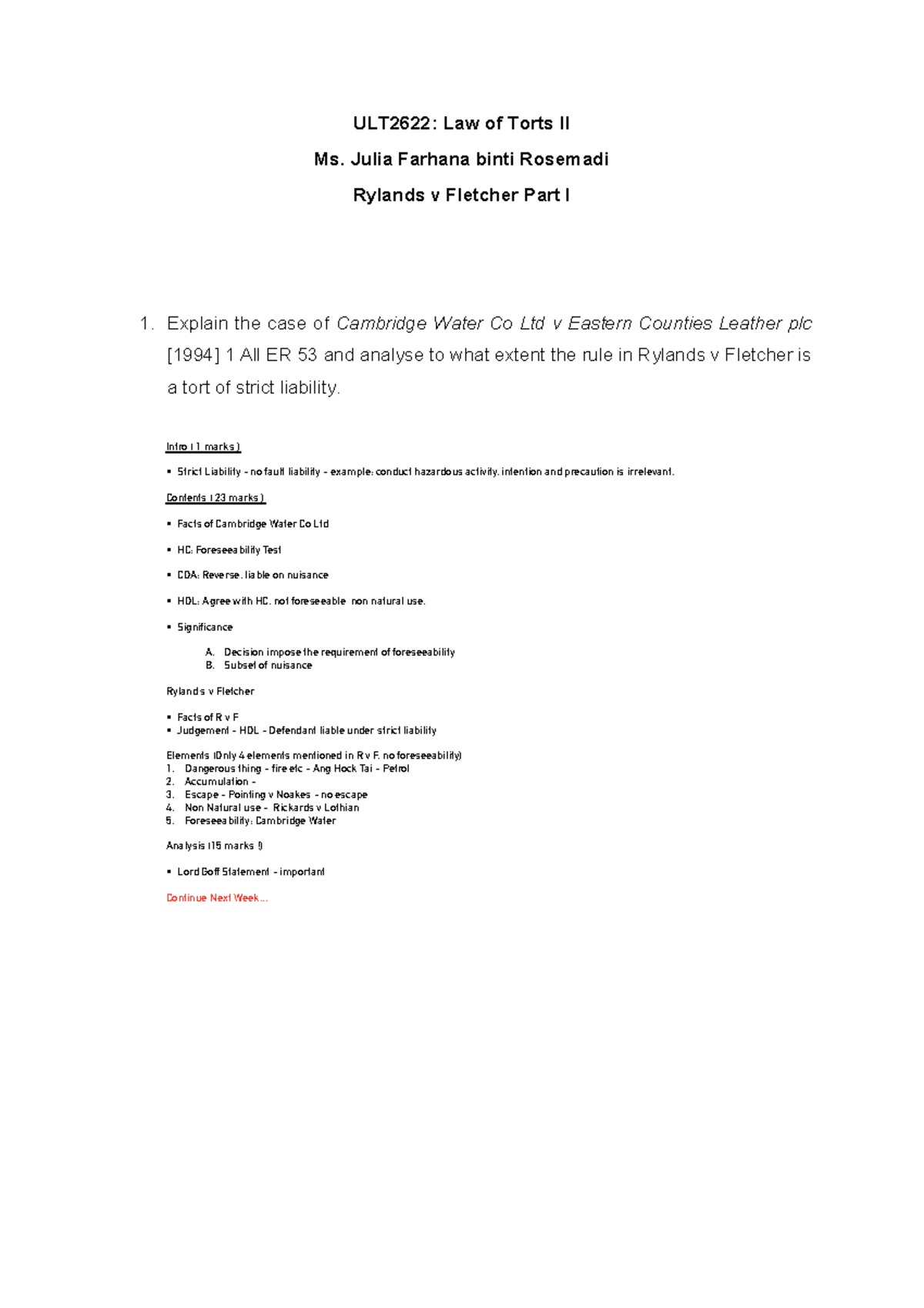 Tutorial W3 - Ryland v Fletcher I - ULT2622: Law of Torts II Ms. Julia ...