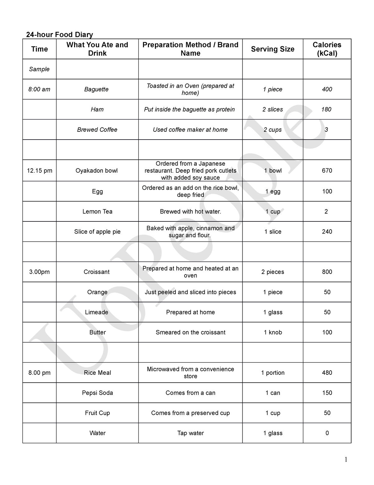 Unit 1 Assignment - 24-hour Food Diary Time What You Ate and Drink ...