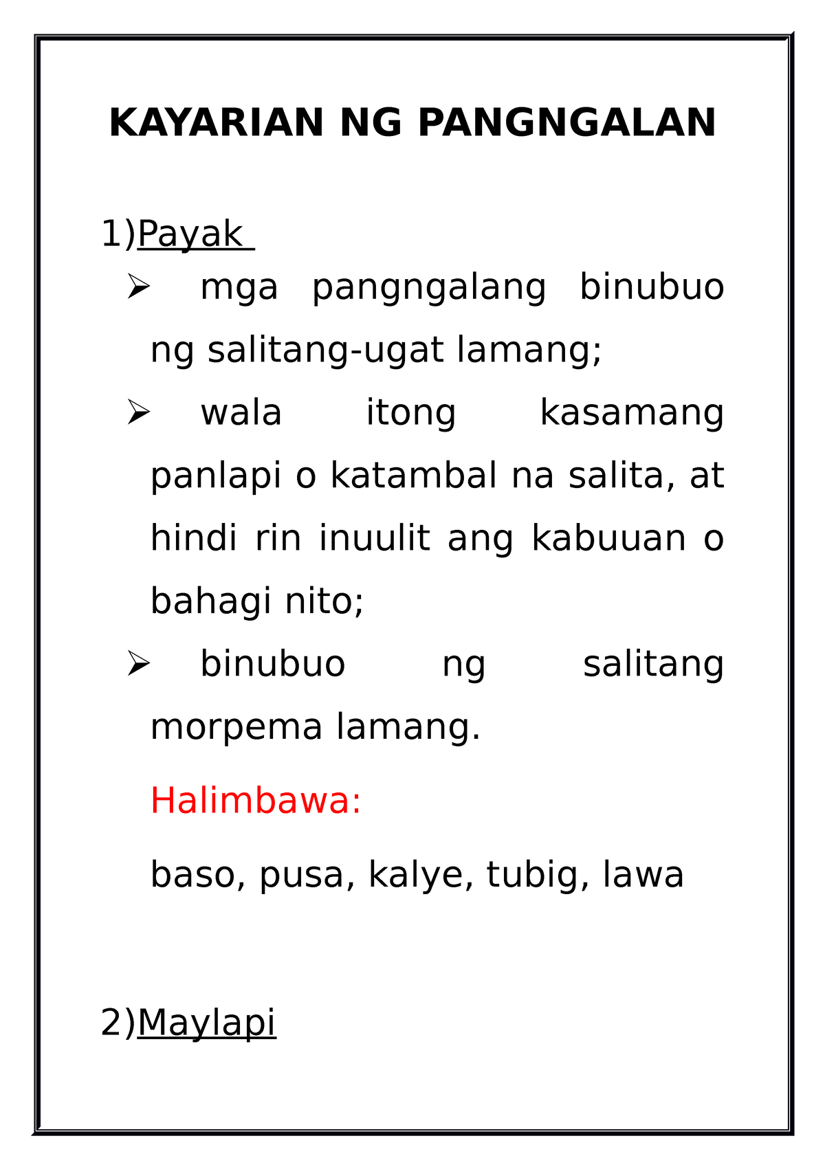 Kayarian Ng Pangngalan Kayarian Ng Pangngalan 1 Payak Mga Pangngalang ...