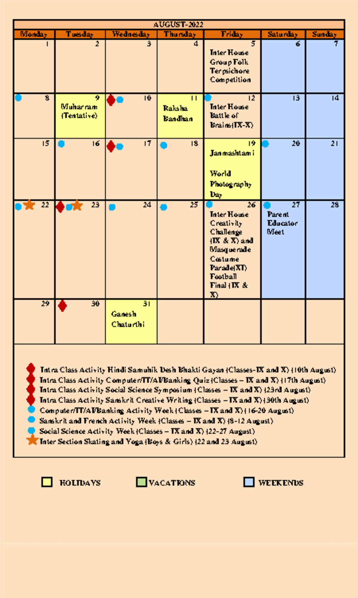 August School Calendar (IX-XII) (2022-23) - AUGUST- Monday Tuesday ...