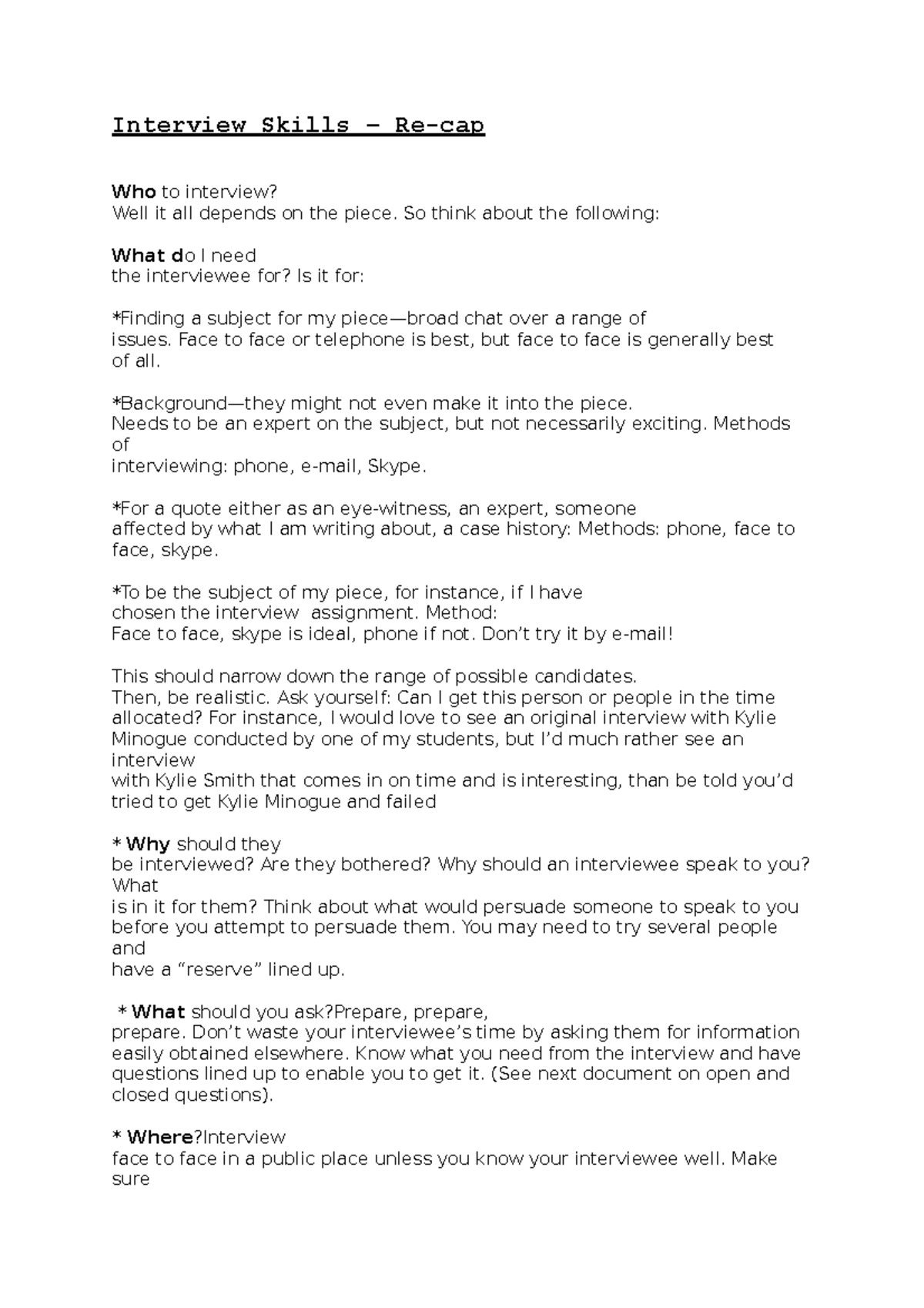 Interview Skills Recap Interview Skills Recap Who to interview