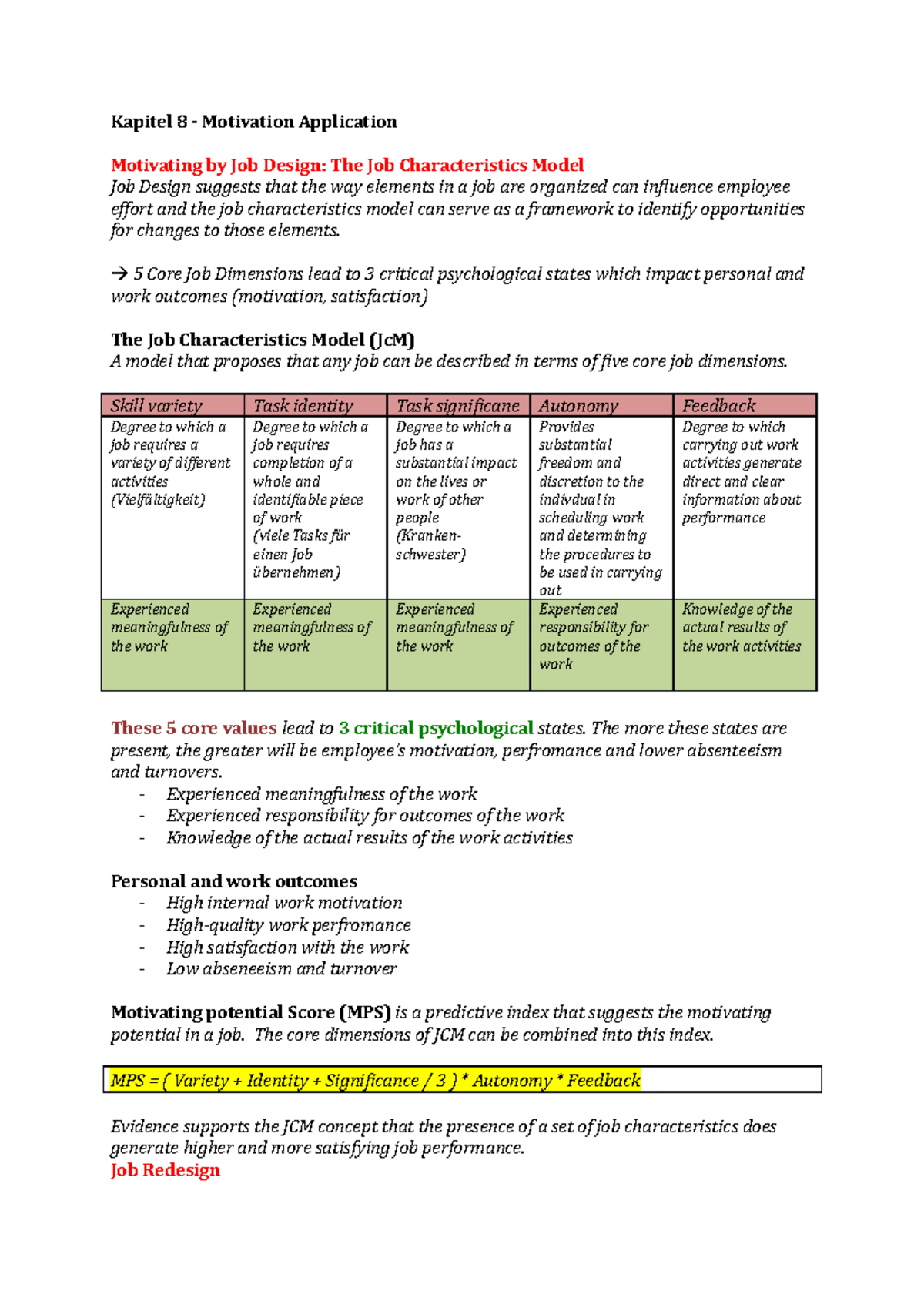 Kapitel 8 - Motivation Application - 5 Core Job Dimensions lead to 3 ...