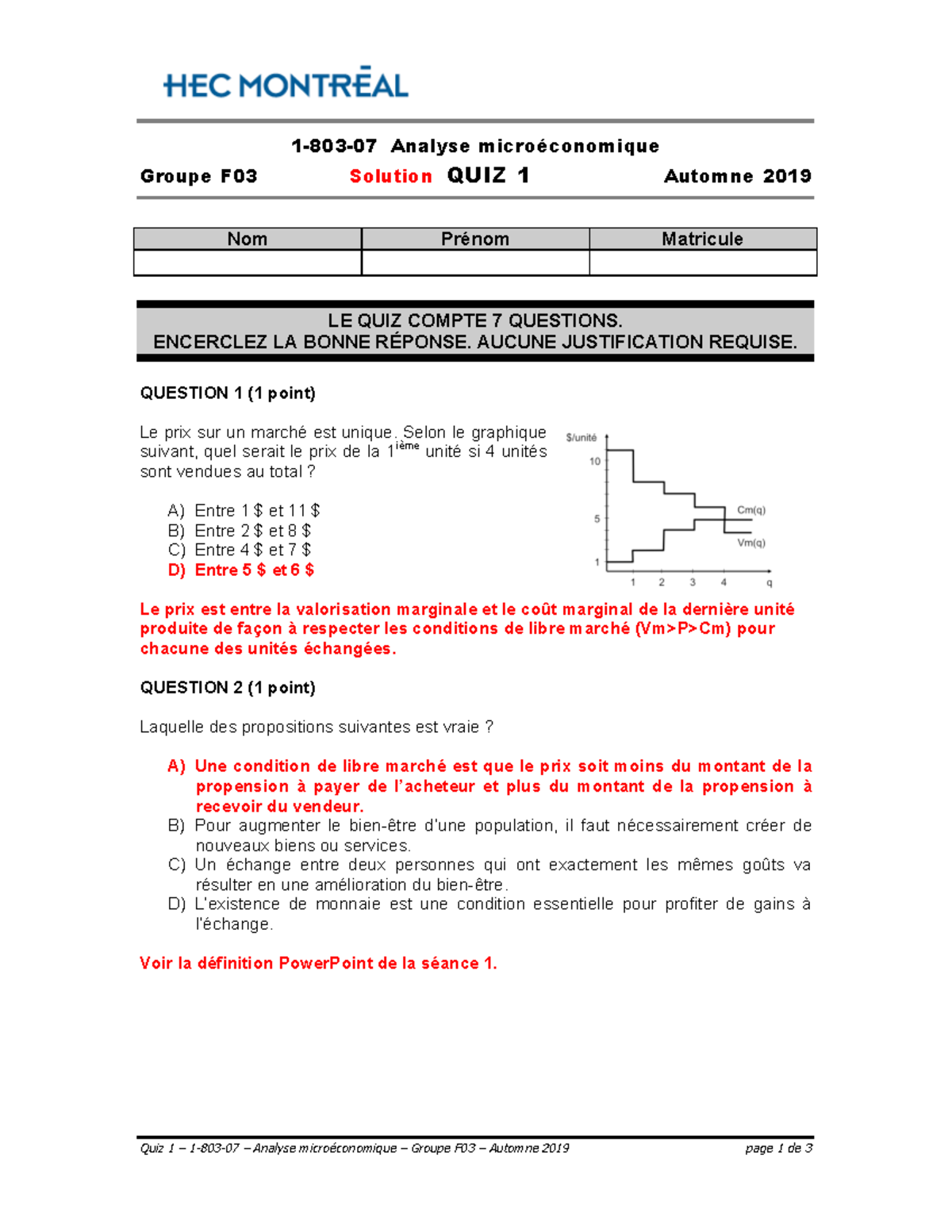 QUIZ 1 - 1er Quizz Du Cours De Microéconomie De 1ere Année Avec ...