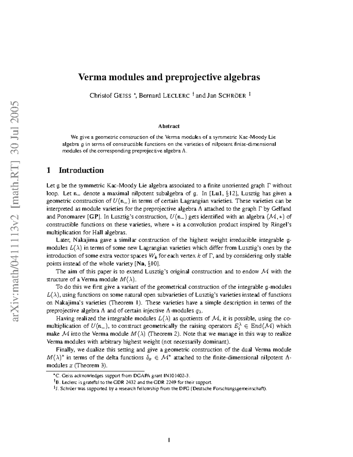 0411113 - Cours - arXiv:math/0411113v2 [math] 30 Jul 2005 Verma modules ...