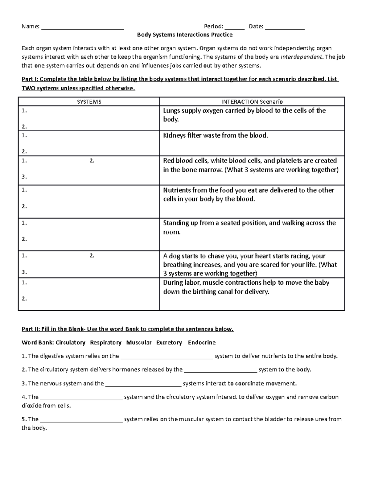 Body Systems Interactions Practice Name