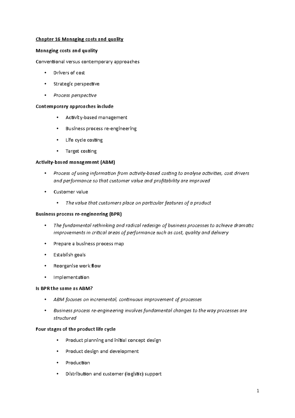 Chapter 16 -18 Managing costs and quality. notes for test - Chapter 16 ...