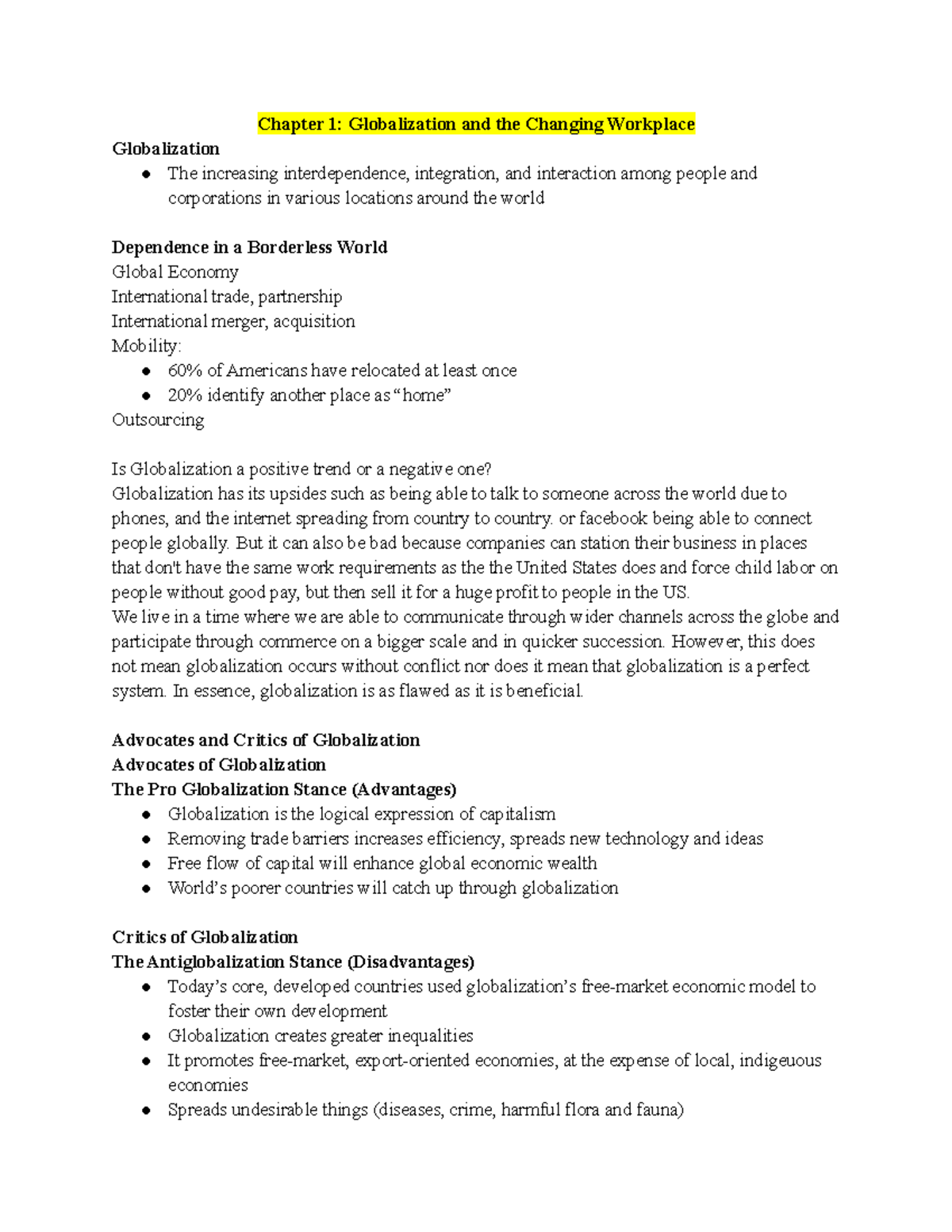 COMM305 Notes Part 1 - Chapter 1: Globalization and the Changing ...