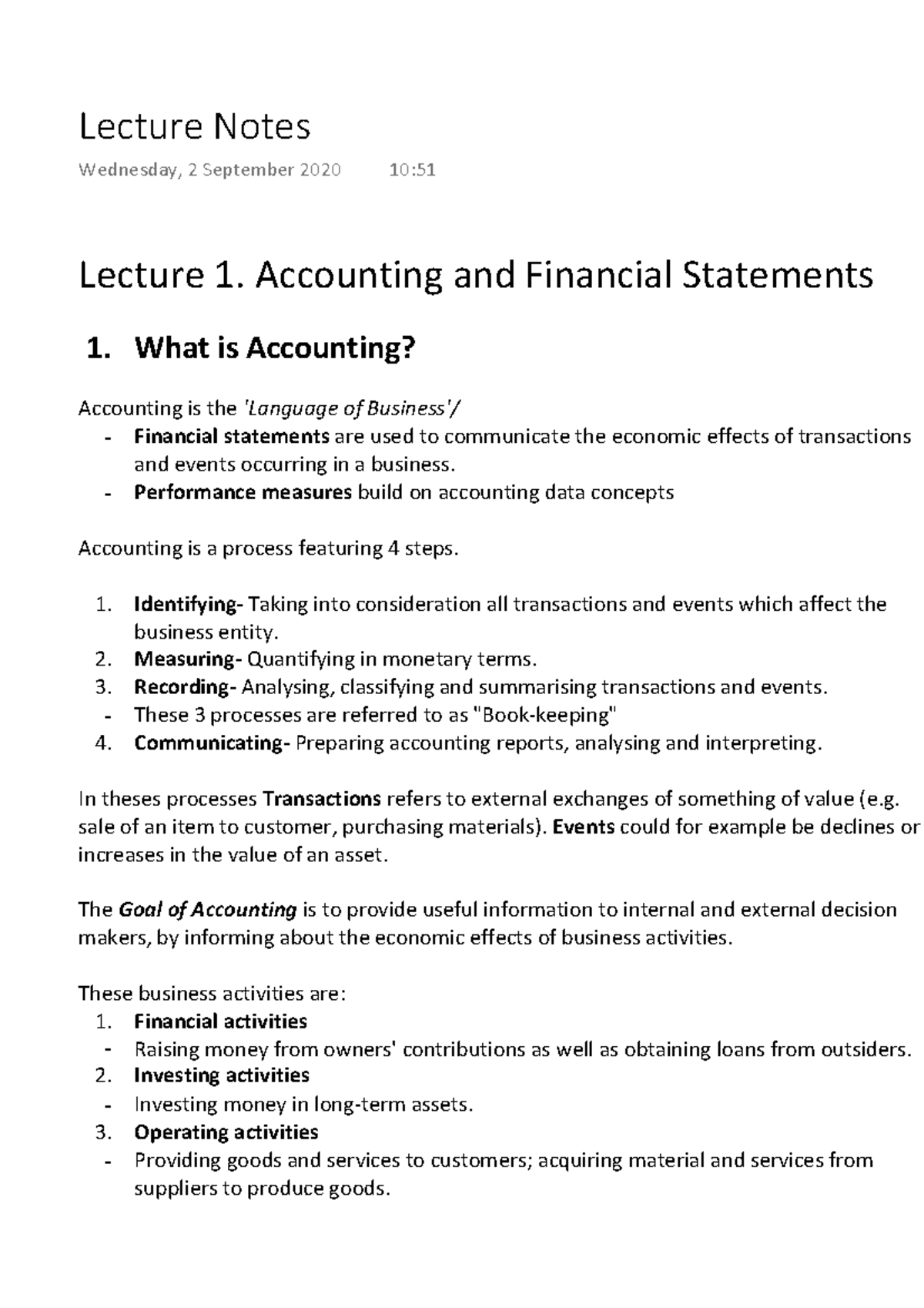 Financial accounting - Notes - Lecture 1. Accounting and Financial ...