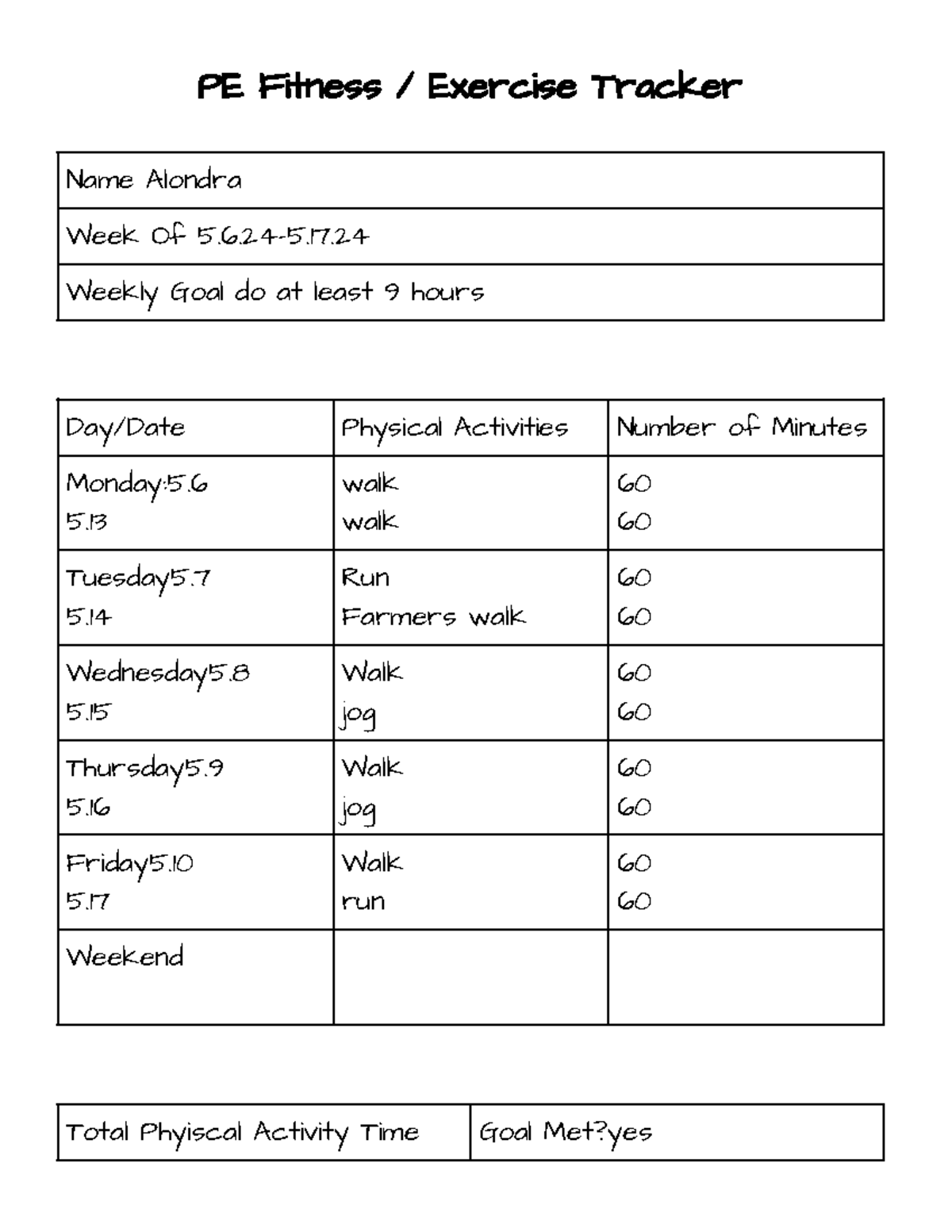 Copy of Physical Education Student Form Activity Tracking Log in Google