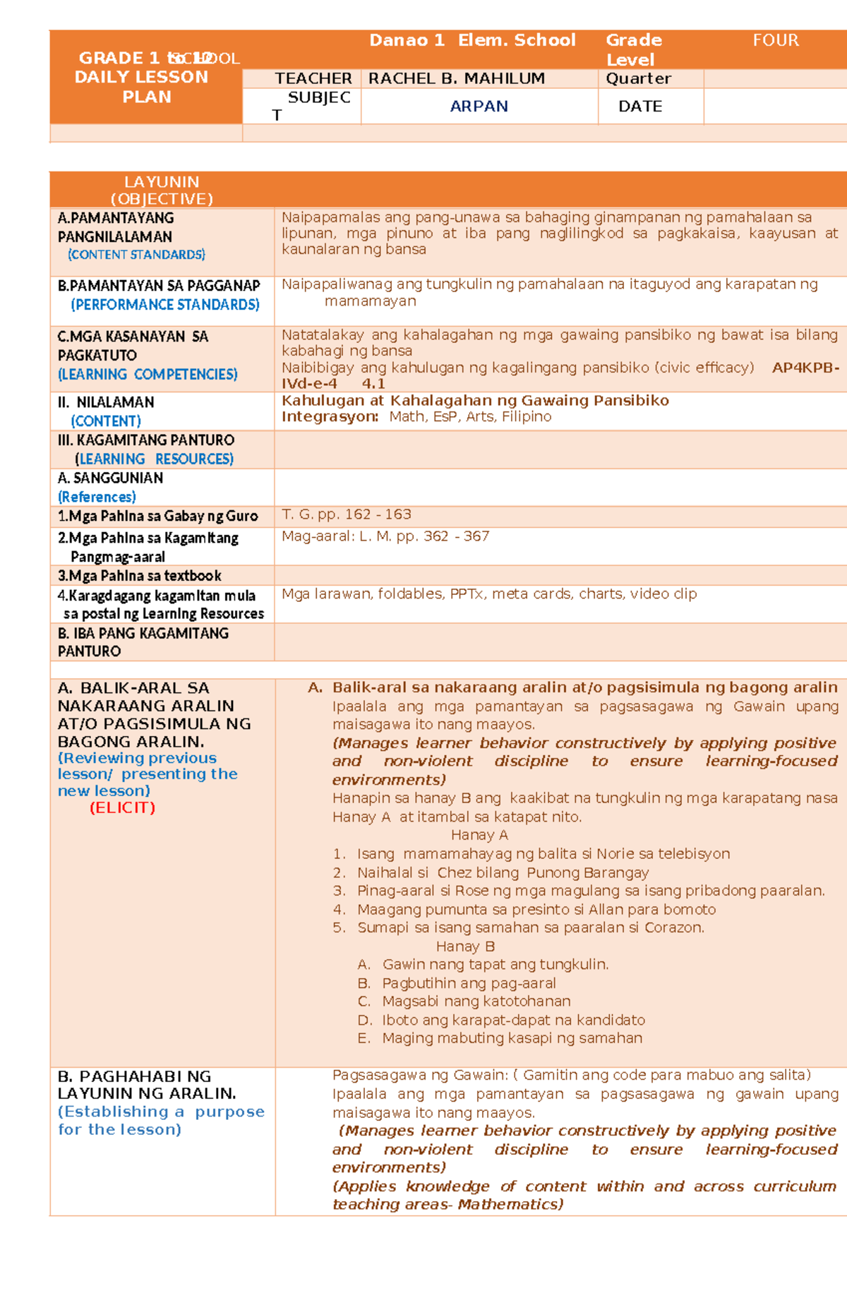 Arpan-4-COT - GRADE 1 to 12 DAILY LESSON PLAN SCHOOL Danao 1 Elem ...