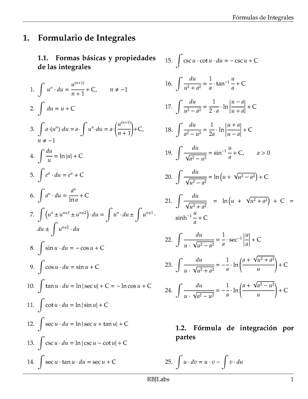 Formulario De Integrales 1 Formulario De Integrales 1 Formas B ́asicas Y Propiedades De Las 1877