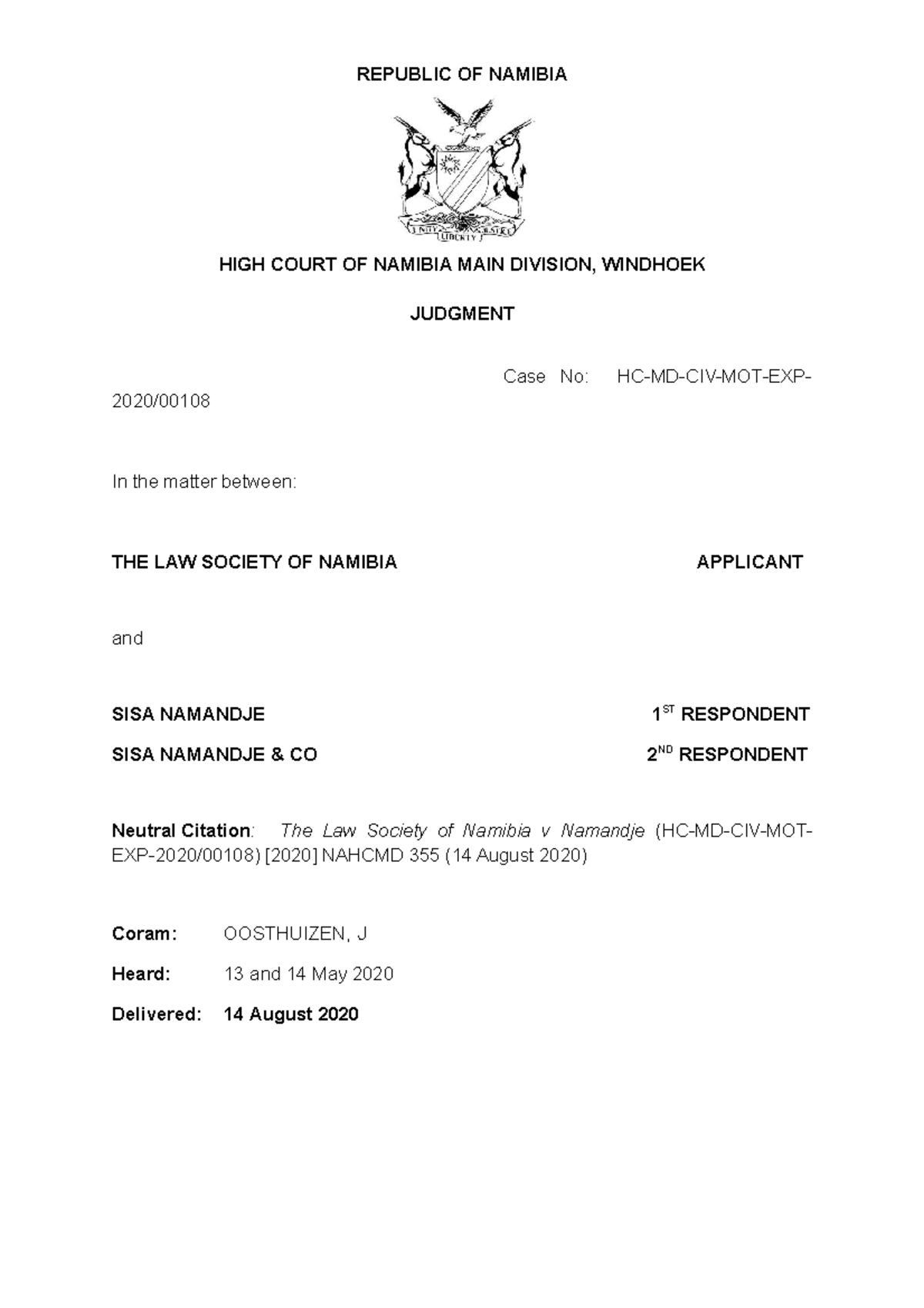 The Law Society of Namibia v Namandje (HC-MD-CIV-MOT-EXP-202000 108 ...