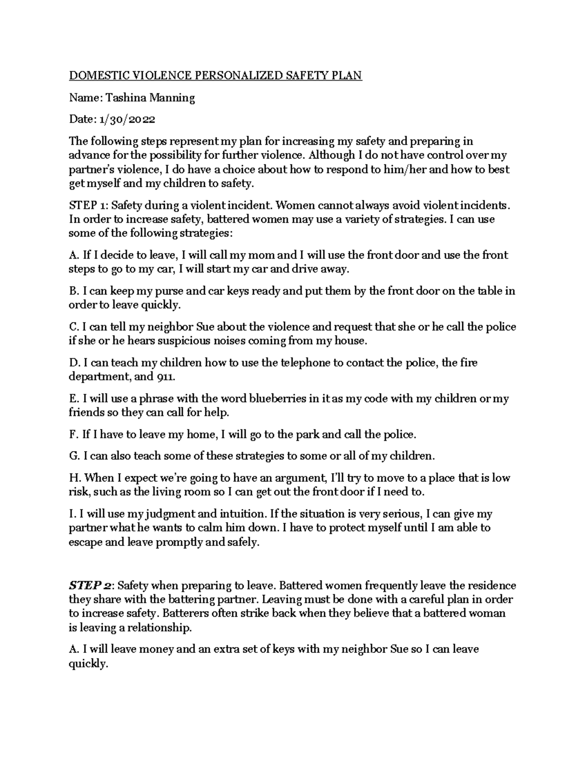 Topic 3 Safety Plan - DOMESTIC VIOLENCE PERSONALIZED SAFETY PLAN Name ...