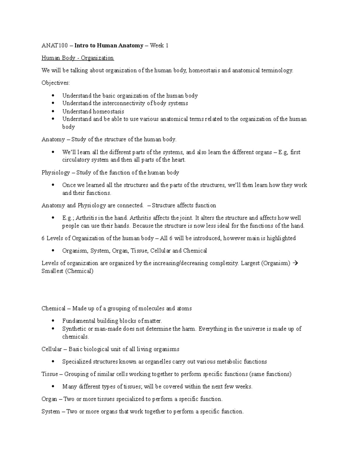 ANAT100Week1 - Lecture notes Week 1 - ANAT100 – Intro to Human Anatomy ...