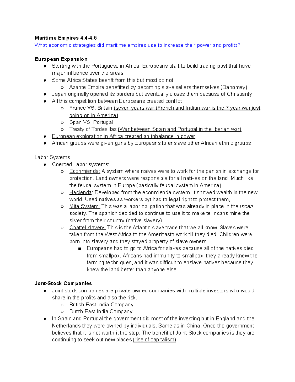 Maritime Empires 4 AP World History unit cheat sheets/notes