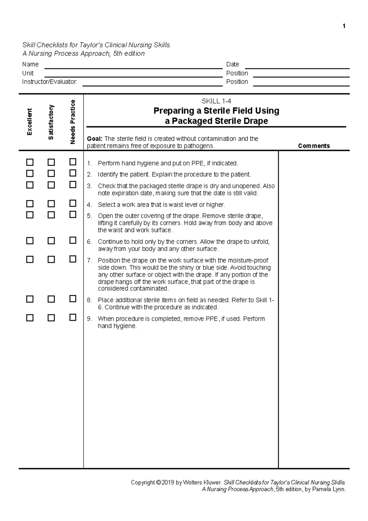 Skill 14 hand hygiene 1 Skill Checklists for Taylor’s Clinical