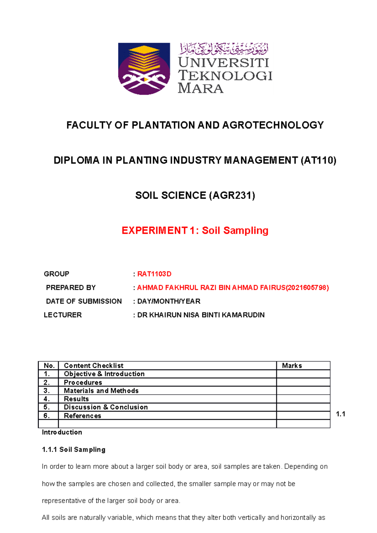 LAB Report SOIL Sampling Ahmad Fakhrul RAZI2021605798 FACULTY OF