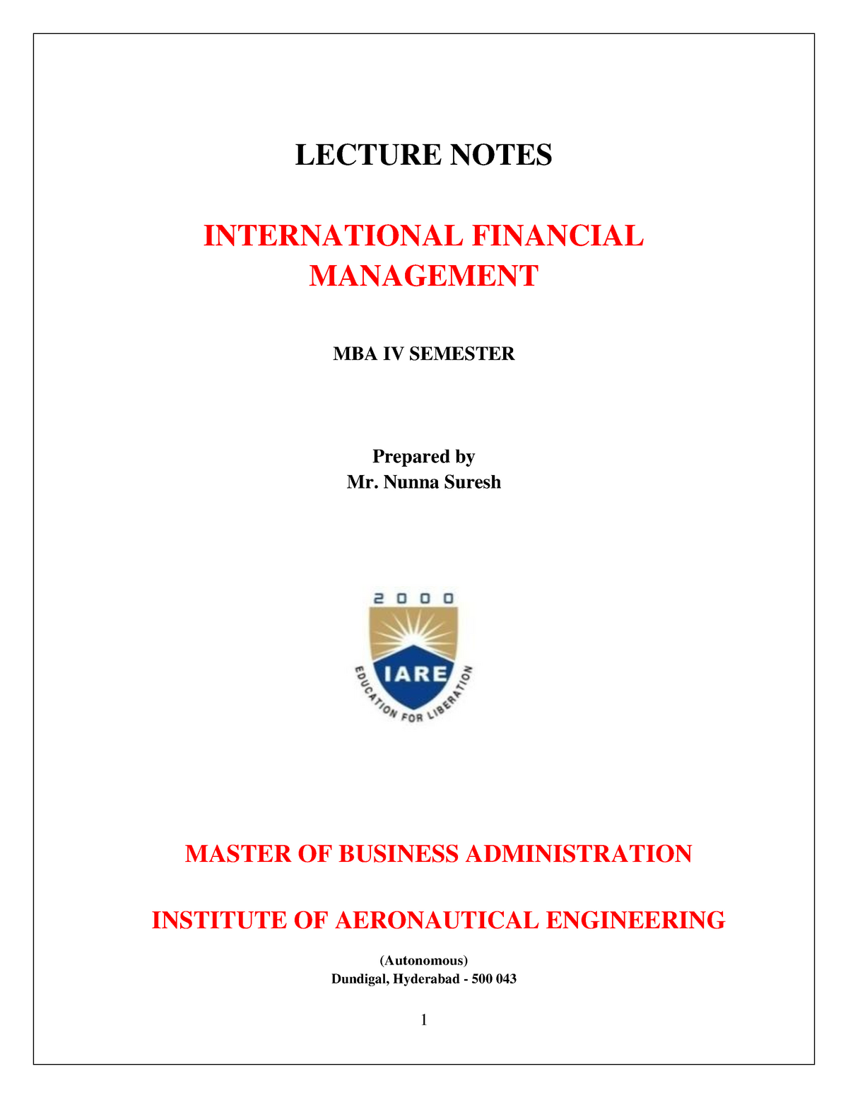 Lecture Notes-IFM - Notes Of International Finance Management - LECTURE NOTES INTERNATIONAL ...