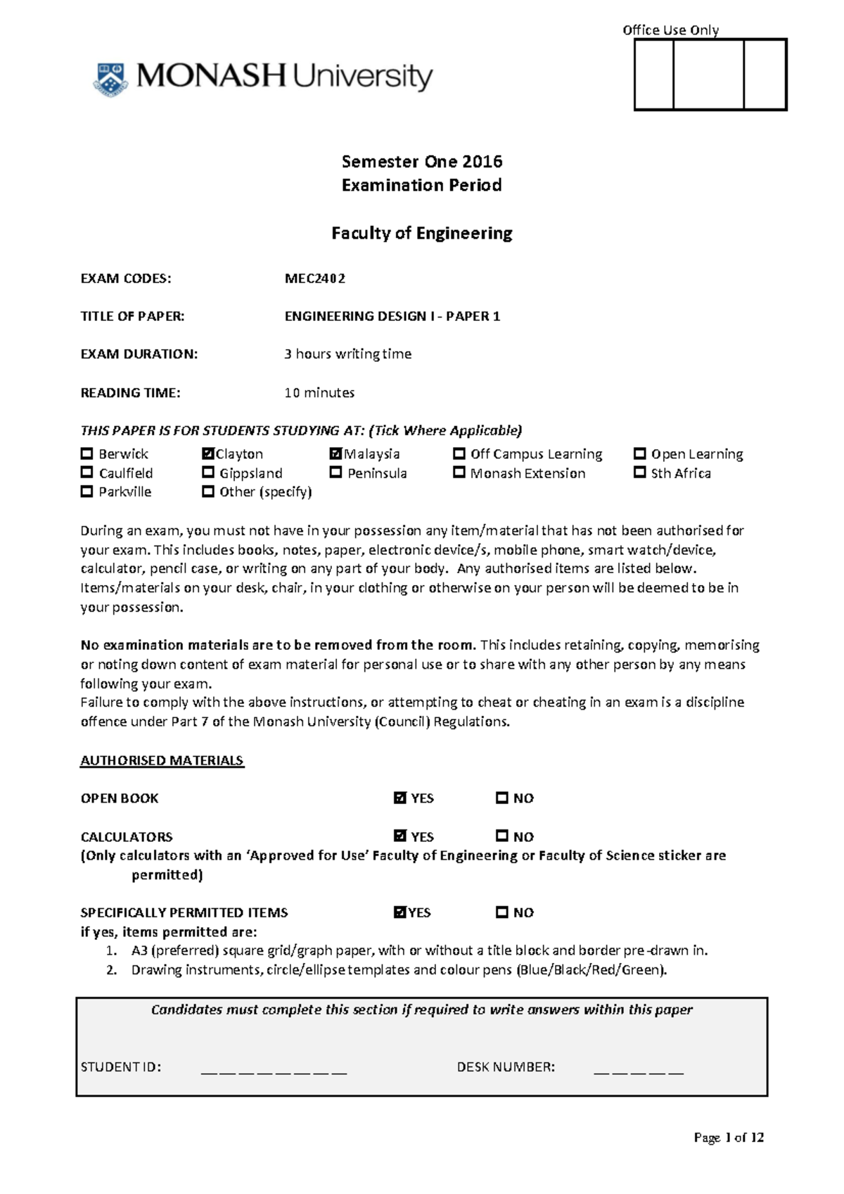 Semester one 2016 - Office Use Only Semester One 2016 Examination ...