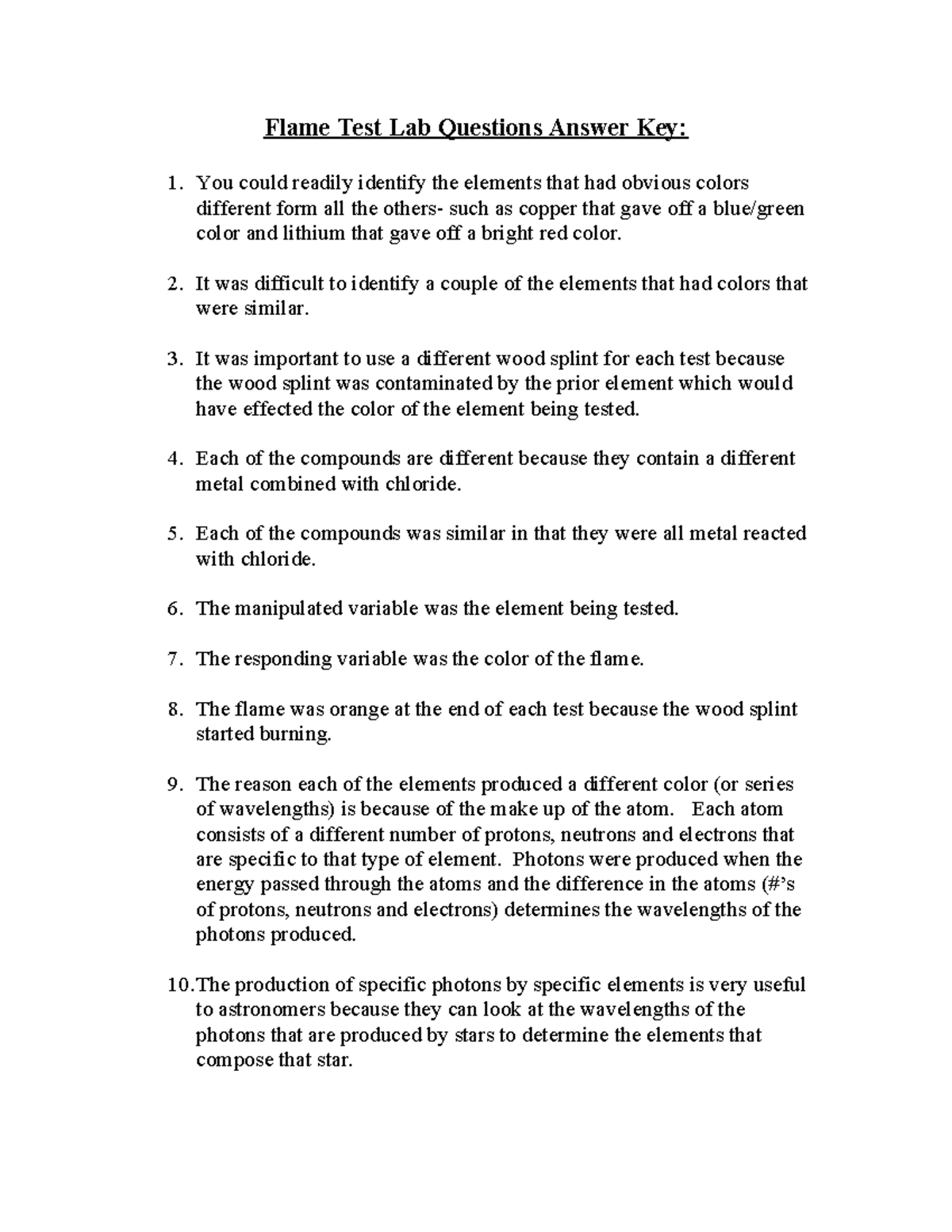Flame Test Lab Questions Answer Key It was difficult to identify a couple of the elements that