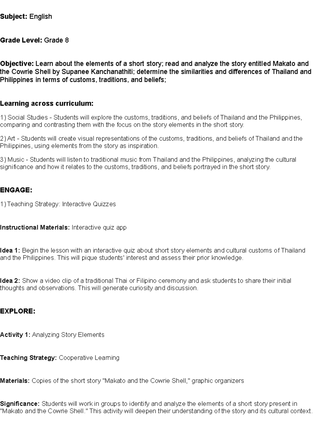 Lesson plan - Subject: English Grade Level: Grade 8 Objective: Learn ...