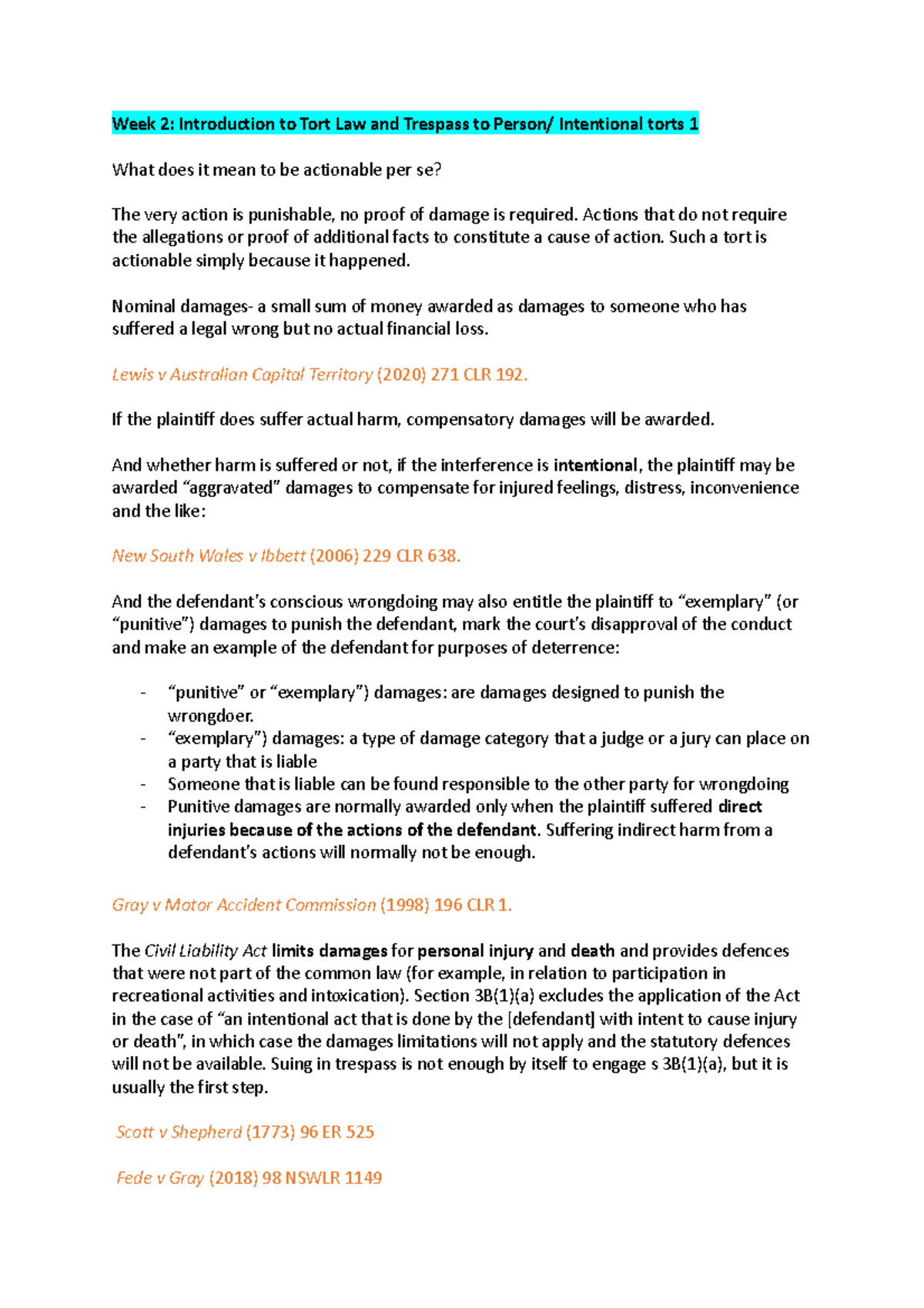 My theory notes Torts - Week 2: Introduction to Tort Law and Trespass ...