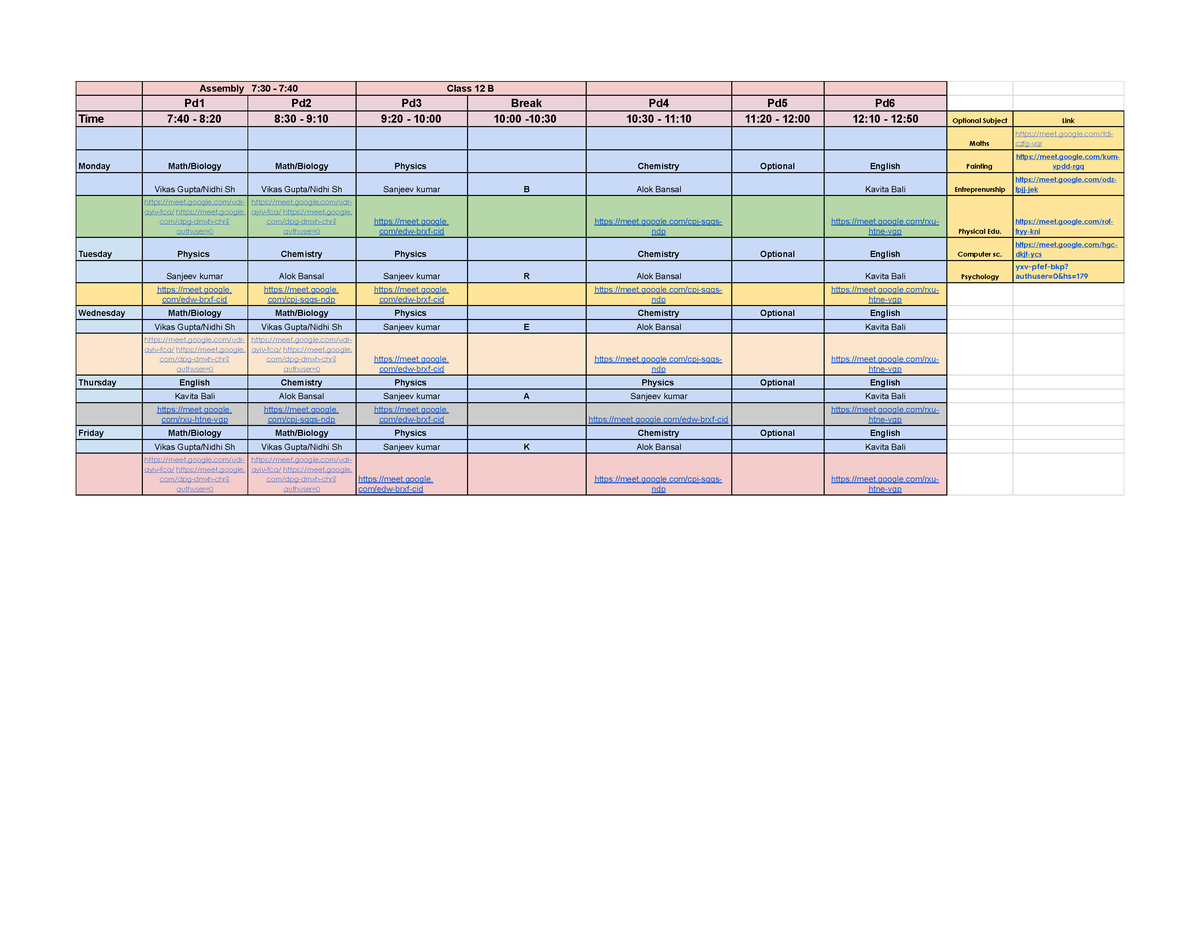 Online Time Table July 12 B - Assembly 7:30 - 7:40 Class 12 B Pd1 Pd2 ...