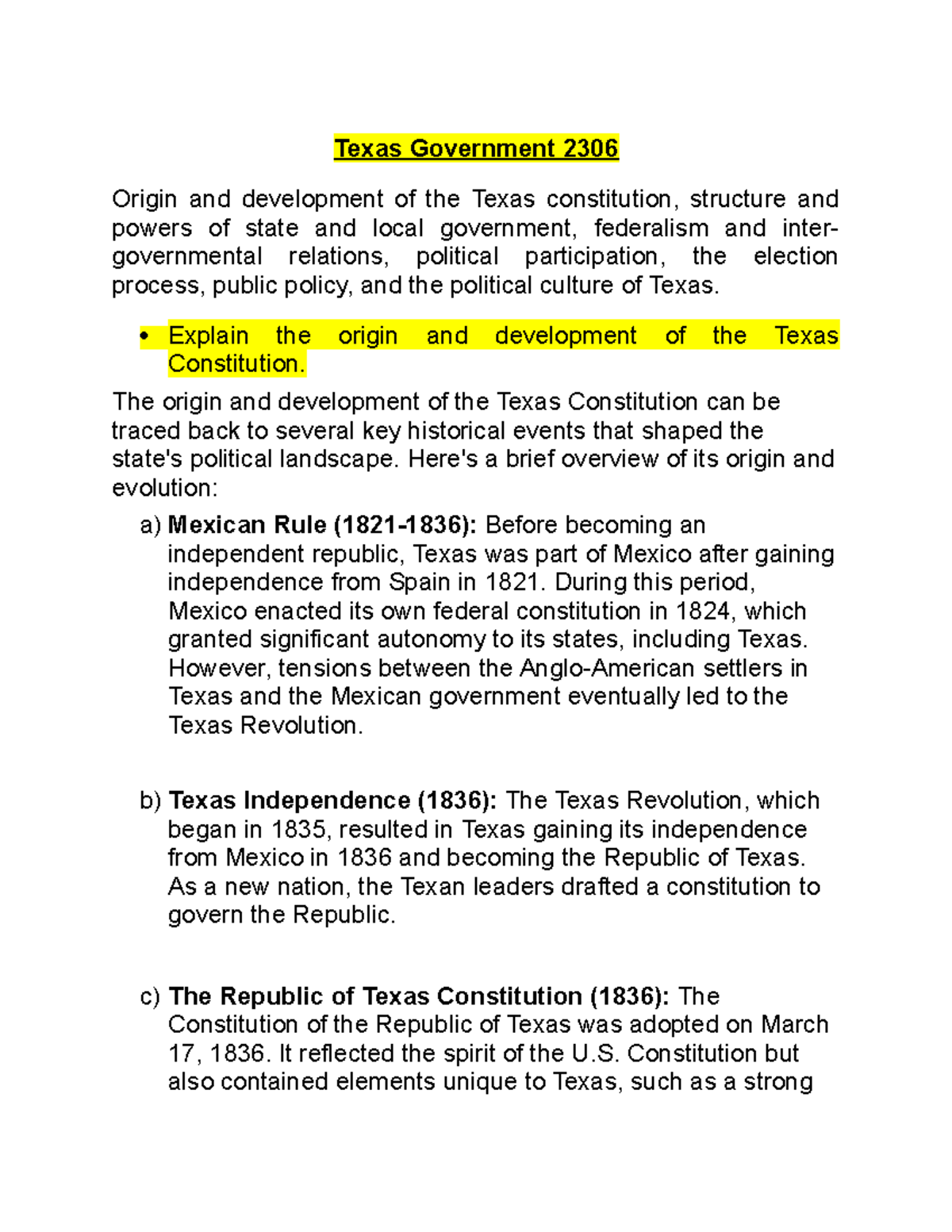 Texas Government 2306 - Notes - Texas Government 2306 Origin And ...